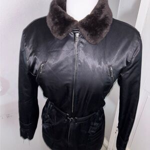 Ralph Lauren Black Bomber Jacket with Faux Fur Collar and Belted Waist